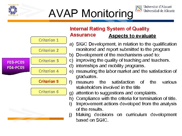 AVAP Monitoring Criterion 1 Criterion 2 F 03 -PC 05 F 04 -PC 05