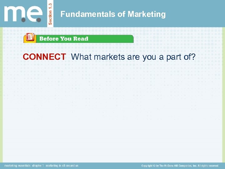 Section 1. 3 Fundamentals of Marketing CONNECT What markets are you a part of?