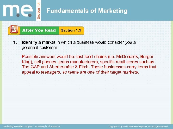 Section 1. 4 Fundamentals of Marketing Section 1. 3 1. Identify a market in