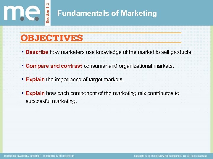 Section 1. 3 Fundamentals of Marketing • Describe how marketers use knowledge of the