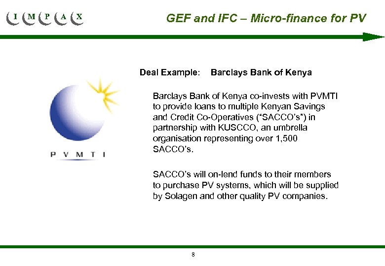 I M P A X GEF and IFC – Micro-finance for PV Deal Example: