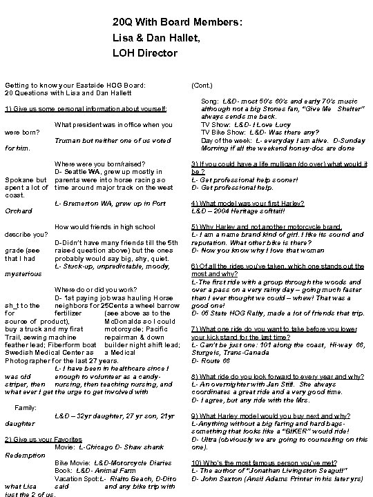 20 Q With Board Members: Lisa & Dan Hallet, LOH Director Getting to know