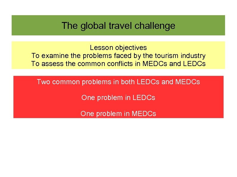The global travel challenge Lesson objectives To examine the problems faced by the tourism