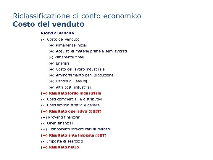 Riclassificazione di conto economico Costo del venduto Ricavi di vendita (-) Costo del venduto
