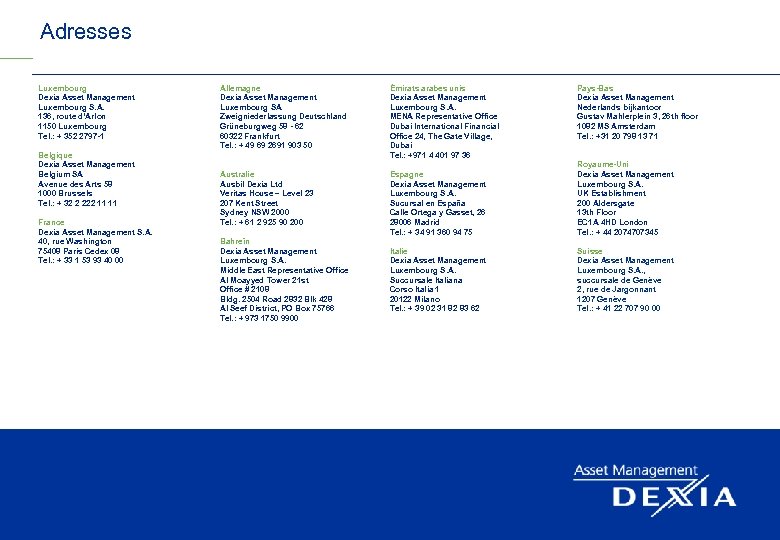 Adresses Luxembourg Dexia Asset Management Luxembourg S. A. 136, route d’Arlon 1150 Luxembourg Tel.