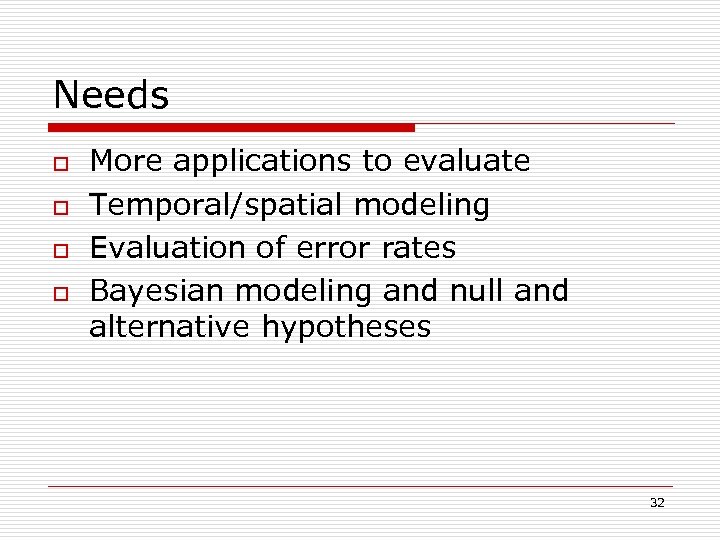Needs o o More applications to evaluate Temporal/spatial modeling Evaluation of error rates Bayesian