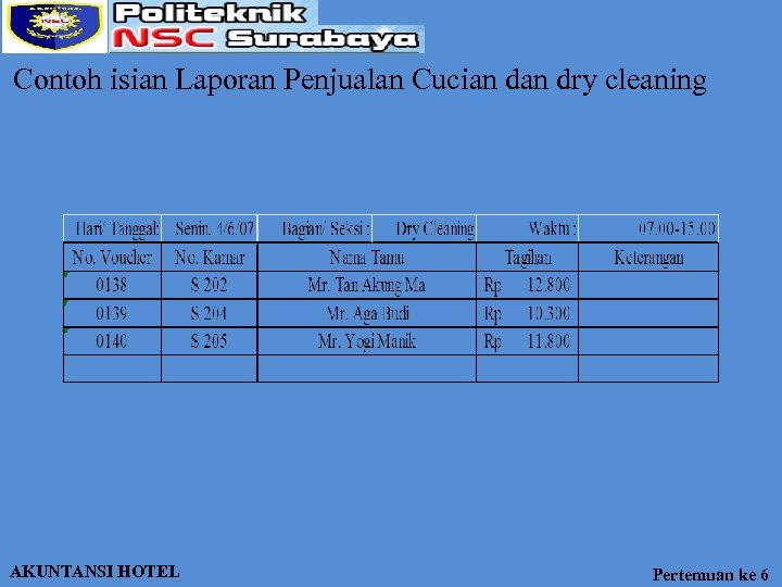 Contoh isian Laporan Penjualan Cucian dry cleaning AKUNTANSI HOTEL Pertemuan ke 6 