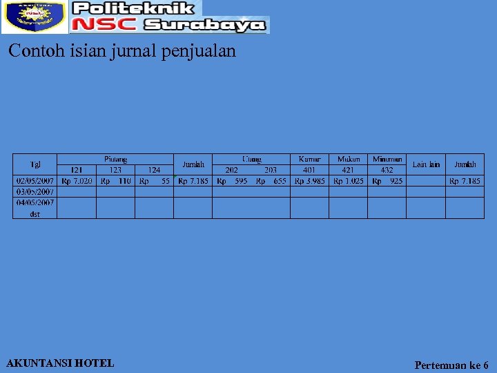 Contoh isian jurnal penjualan AKUNTANSI HOTEL Pertemuan ke 6 