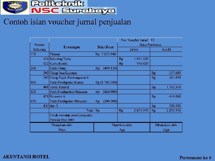 Contoh isian voucher jurnal penjualan AKUNTANSI HOTEL Pertemuan ke 6 