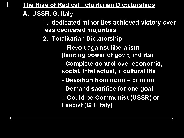 I. The Rise of Radical Totalitarian Dictatorships A. USSR, G, Italy 1. dedicated minorities