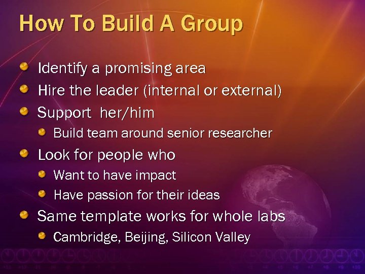 How To Build A Group Identify a promising area Hire the leader (internal or