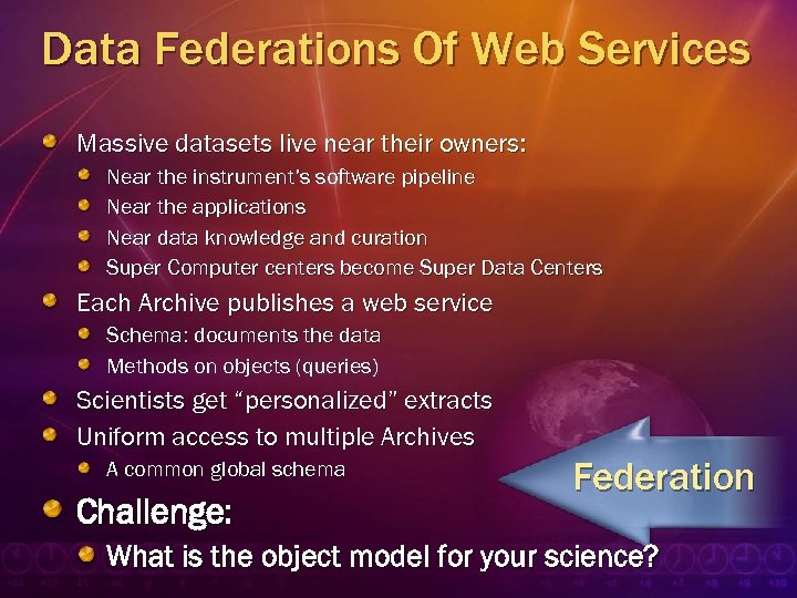 Data Federations Of Web Services Massive datasets live near their owners: Near the instrument’s