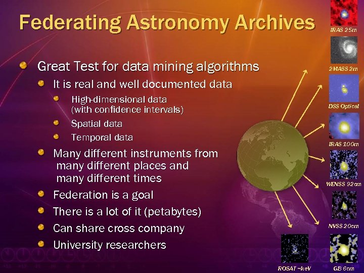 Federating Astronomy Archives Great Test for data mining algorithms IRAS 25 m 2 MASS