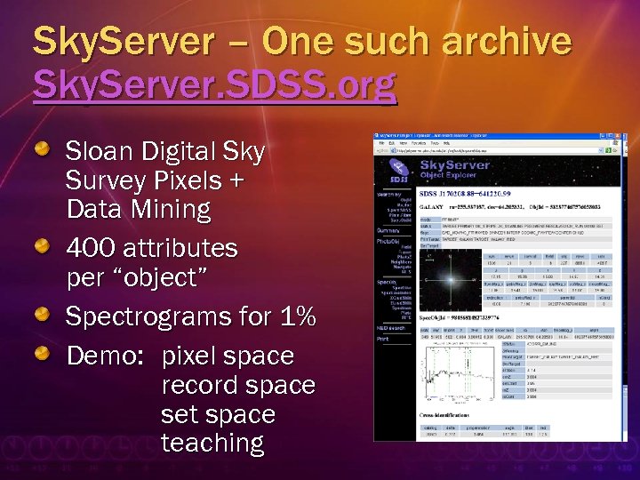 Sky. Server – One such archive Sky. Server. SDSS. org Sloan Digital Sky Survey