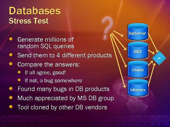 Databases Stress Test Generate millions of random SQL queries Send them to 4 different