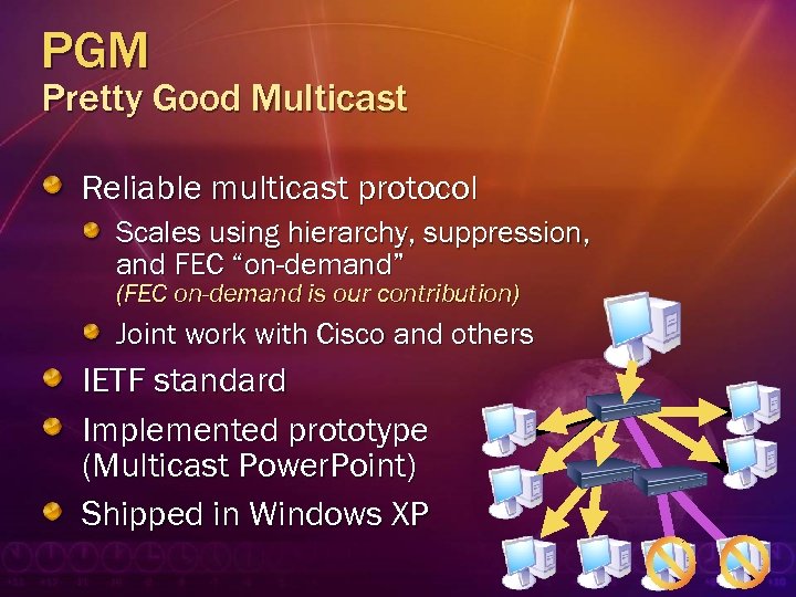 PGM Pretty Good Multicast Reliable multicast protocol Scales using hierarchy, suppression, and FEC “on-demand”