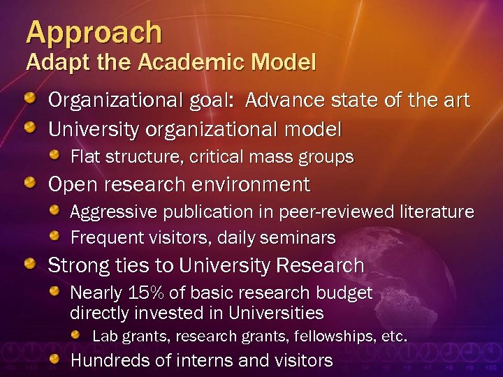 Approach Adapt the Academic Model Organizational goal: Advance state of the art University organizational