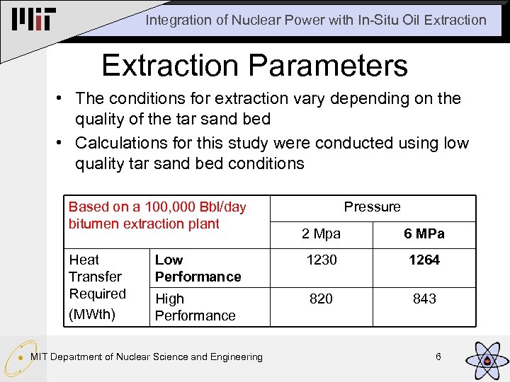 Integration of Nuclear Power with In-Situ Oil Extraction Parameters • The conditions for extraction