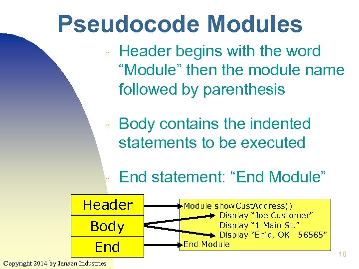 Pseudocode Modules n n n Header begins with the word “Module” then the module