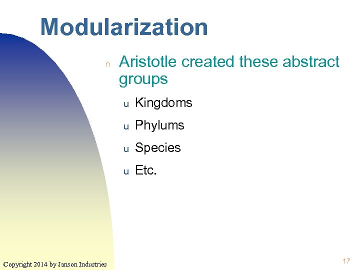 Modularization n Aristotle created these abstract groups u u Phylums u Species u Copyright