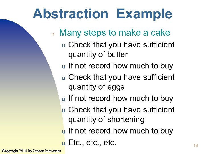 Abstraction Example n Many steps to make a cake u u u u Copyright