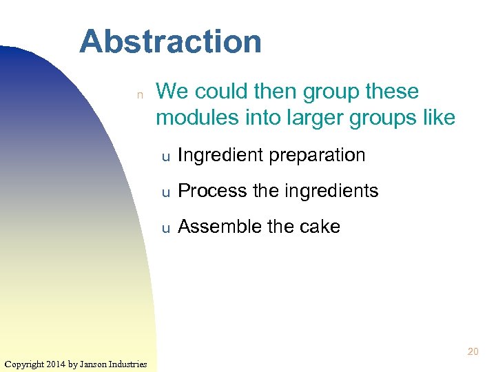 Abstraction n We could then group these modules into larger groups like u Ingredient