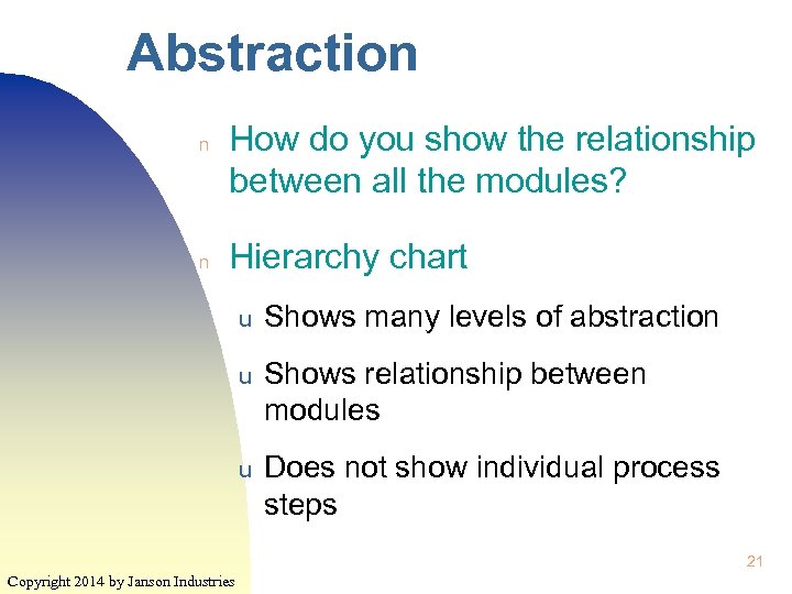 Abstraction n n How do you show the relationship between all the modules? Hierarchy