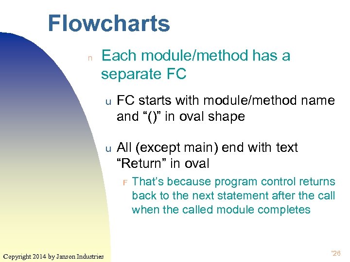 Flowcharts n Each module/method has a separate FC u FC starts with module/method name