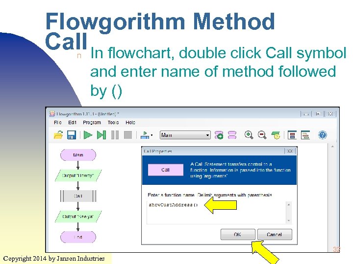 Flowgorithm Method Call In flowchart, double click Call symbol n and enter name of