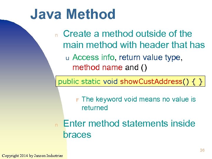 Java Method Create a method outside of the main method with header that has