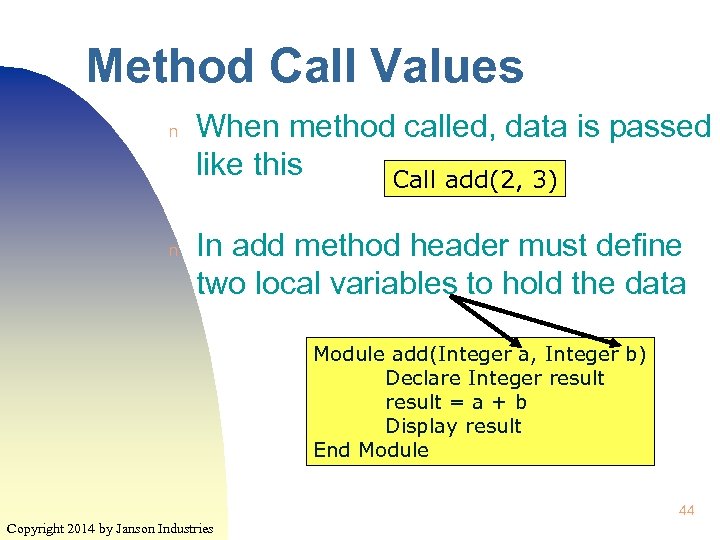 Method Call Values n n When method called, data is passed like this Call