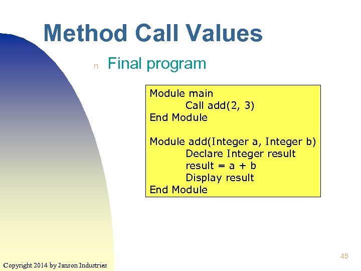 Method Call Values n Final program Module main Call add(2, 3) End Module add(Integer