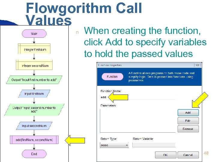 Flowgorithm Call Values n When creating the function, click Add to specify variables to