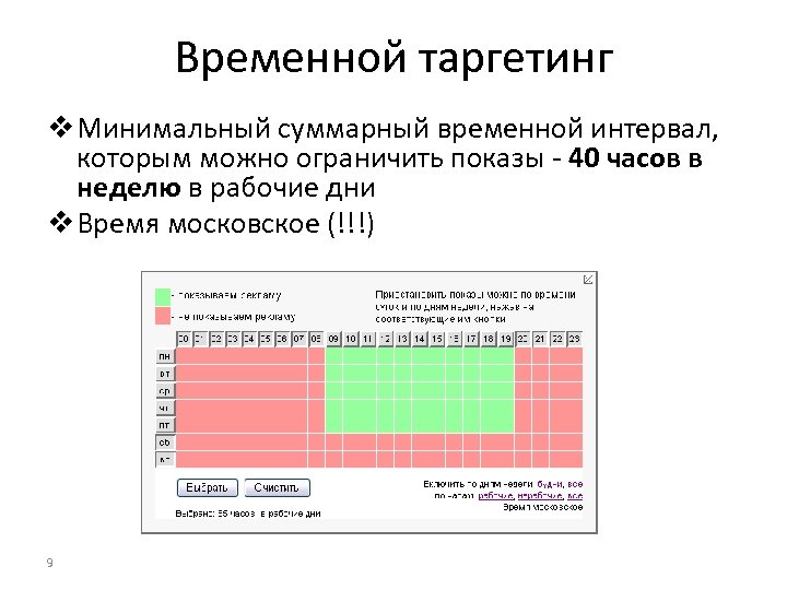 Временной таргетинг v Минимальный суммарный временной интервал, которым можно ограничить показы - 40 часов