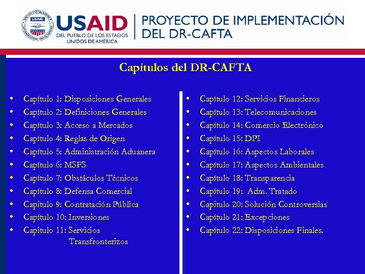 Capítulos del DR-CAFTA • • • Capítulo 1: Disposiciones Generales Capítulo 2: Definiciones Generales