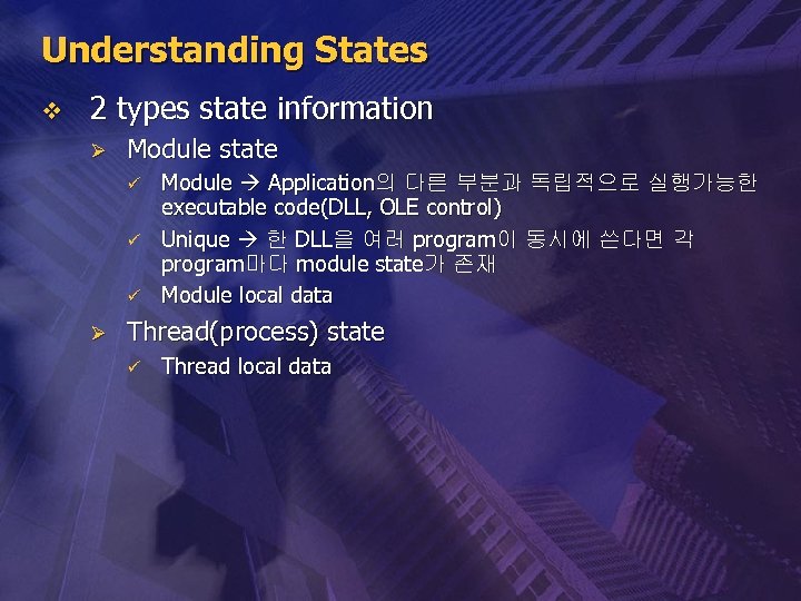 Understanding States v 2 types state information Ø Module state ü ü ü Ø