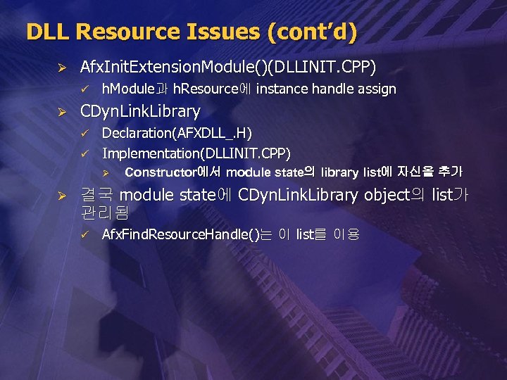 DLL Resource Issues (cont’d) Ø Afx. Init. Extension. Module()(DLLINIT. CPP) ü Ø h. Module과