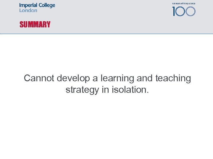 SUMMARY Cannot develop a learning and teaching strategy in isolation. 
