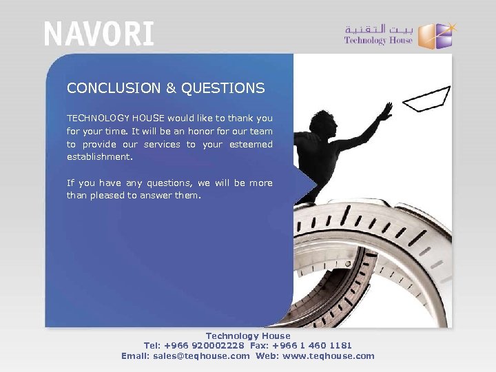 CONCLUSION & QUESTIONS TECHNOLOGY HOUSE would like to thank you for your time. It