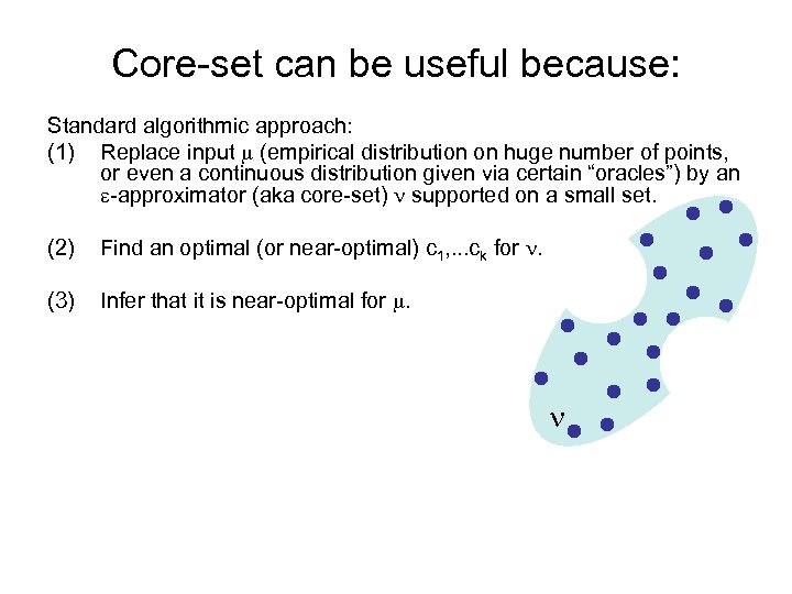 Core-set can be useful because: Standard algorithmic approach: (1) Replace input (empirical distribution on