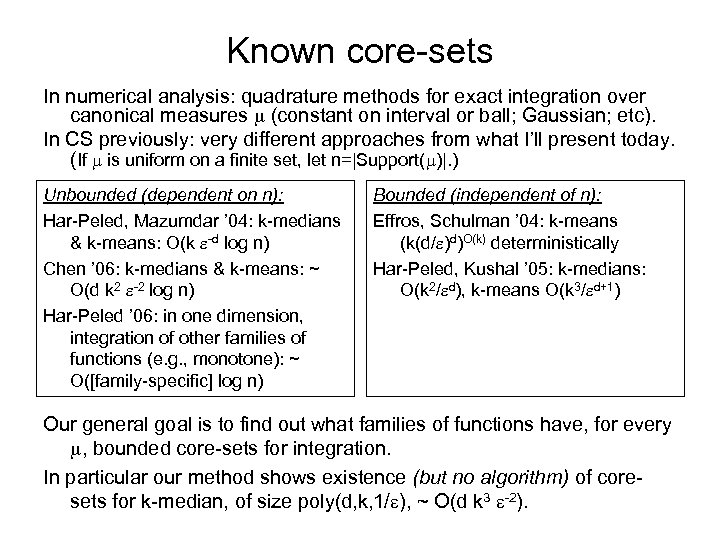 Known core-sets In numerical analysis: quadrature methods for exact integration over canonical measures (constant