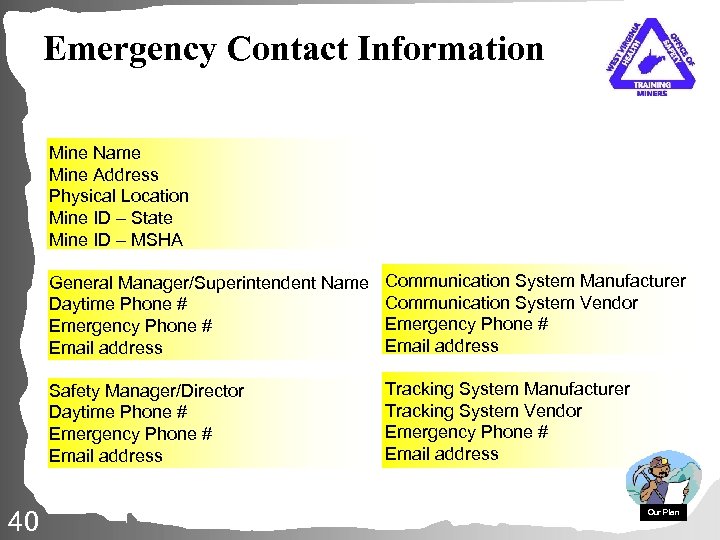 Emergency Contact Information Mine Name Mine Address Physical Location Mine ID – State Mine