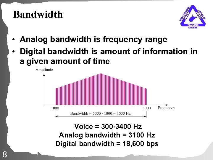 Bandwidth • Analog bandwidth is frequency range • Digital bandwidth is amount of information