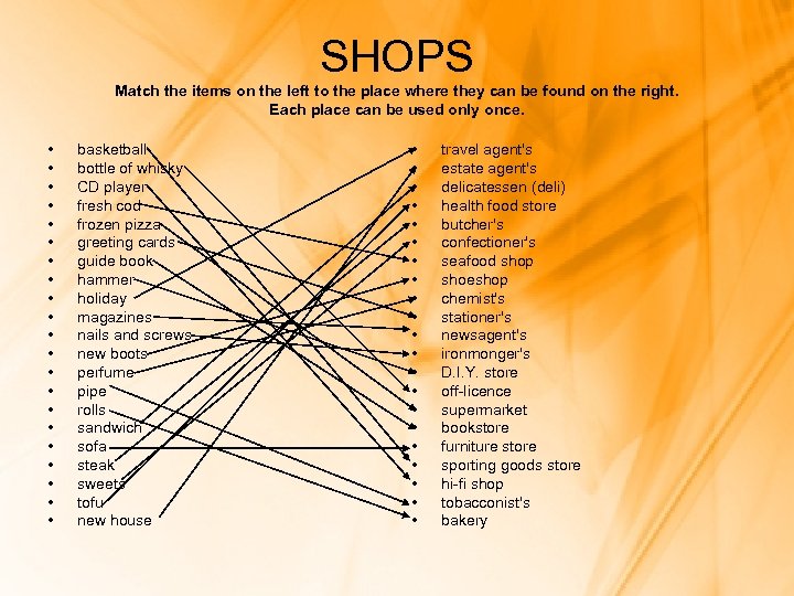 SHOPS Match the items on the left to the place where they can be