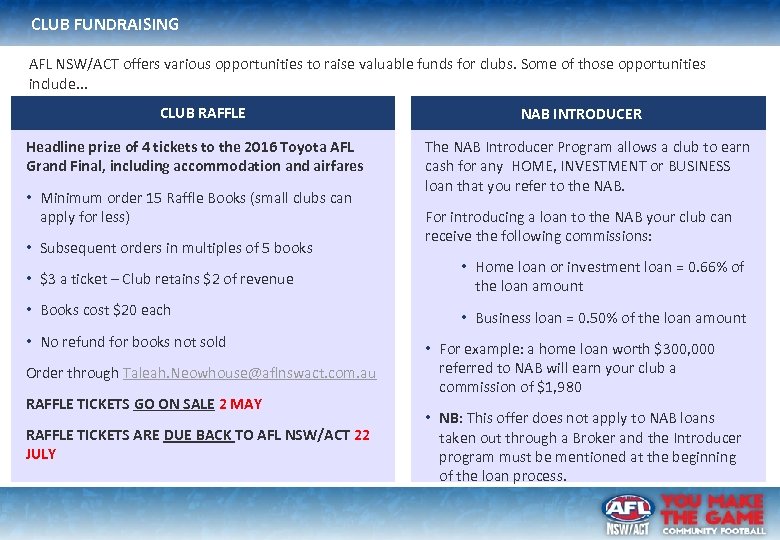 CLUB FUNDRAISING AFL NSW/ACT offers various opportunities to raise valuable funds for clubs. Some