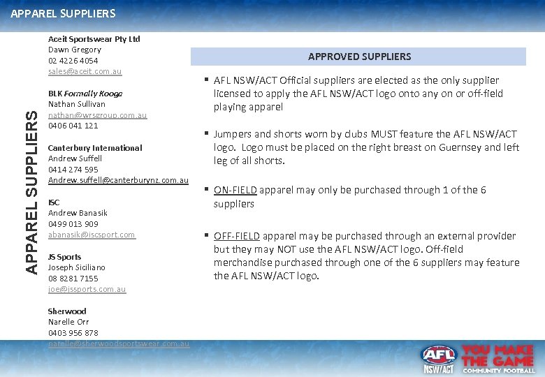 APPAREL SUPPLIERS Aceit Sportswear Pty Ltd Dawn Gregory 02 4226 4054 sales@aceit. com. au