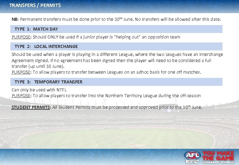 TRANSFERS / PERMITS NB: Permanent transfers must be done prior to the 30 th