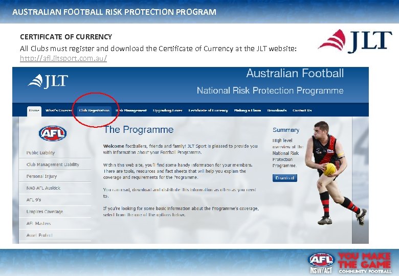 AUSTRALIAN FOOTBALL RISK PROTECTION PROGRAM CERTIFICATE OF CURRENCY All Clubs must register and download