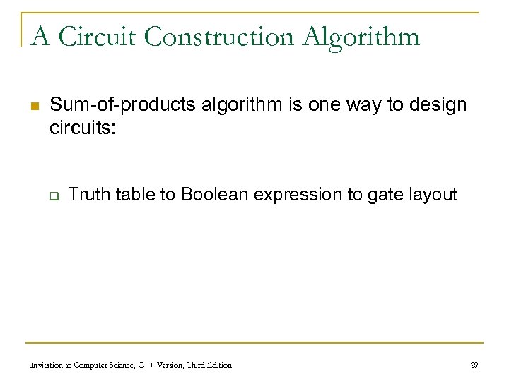 A Circuit Construction Algorithm n Sum-of-products algorithm is one way to design circuits: q