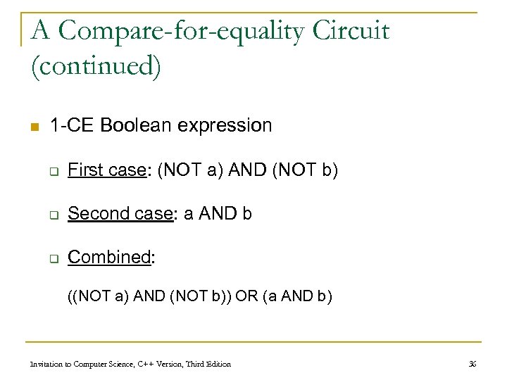 A Compare-for-equality Circuit (continued) n 1 -CE Boolean expression q First case: (NOT a)